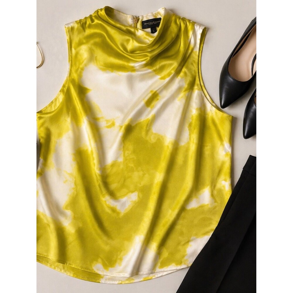 NEW Donna Karan Draped Neck Satin Top Chartreuse Blouse NWOT Career Large